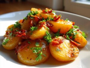 Close-up of warm german potato salad featuring halved yellow potatoes tossed with bacon bits and fresh parsley.