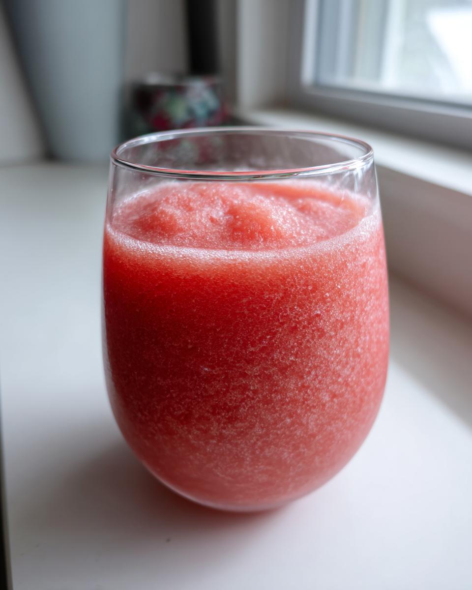 Close-up of a bright red, icy watermelon smoothie filling a clear glass, set near a window.