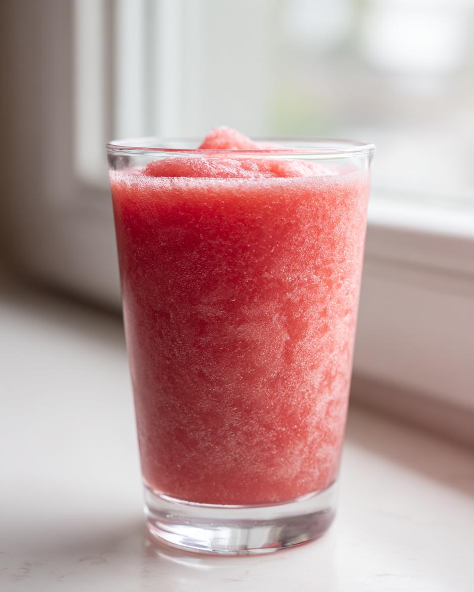A vibrant, icy watermelon smoothie served in a clear glass, perfectly blended and refreshing.