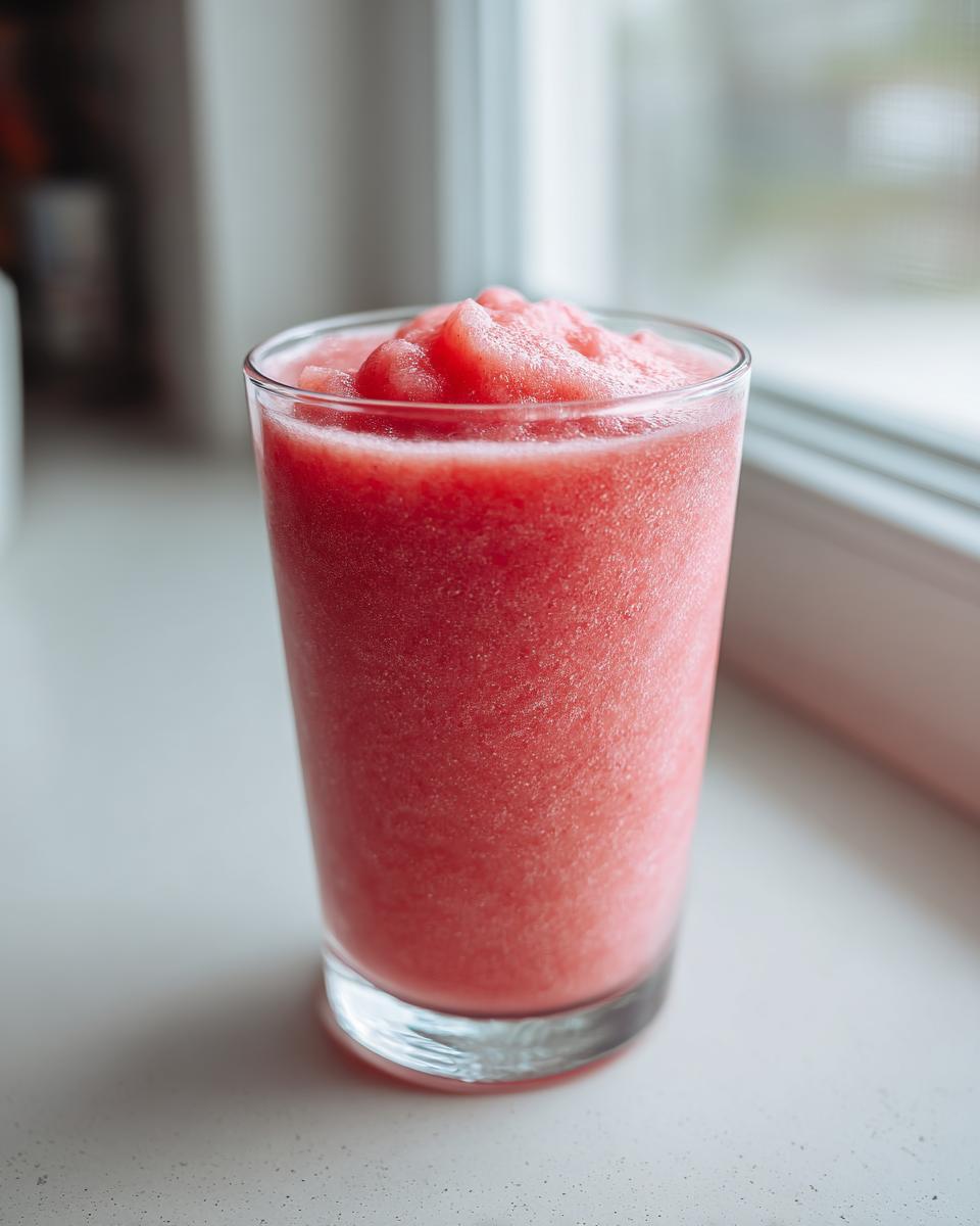 A tall glass filled with a bright pink, icy watermelon smoothie sitting near a window.
