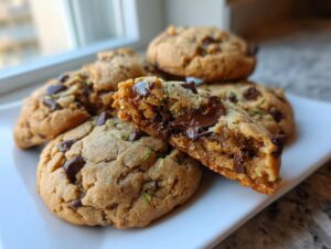 Close-up of freshly baked zucchini cookies, one broken open revealing gooey, melted chocolate chips.