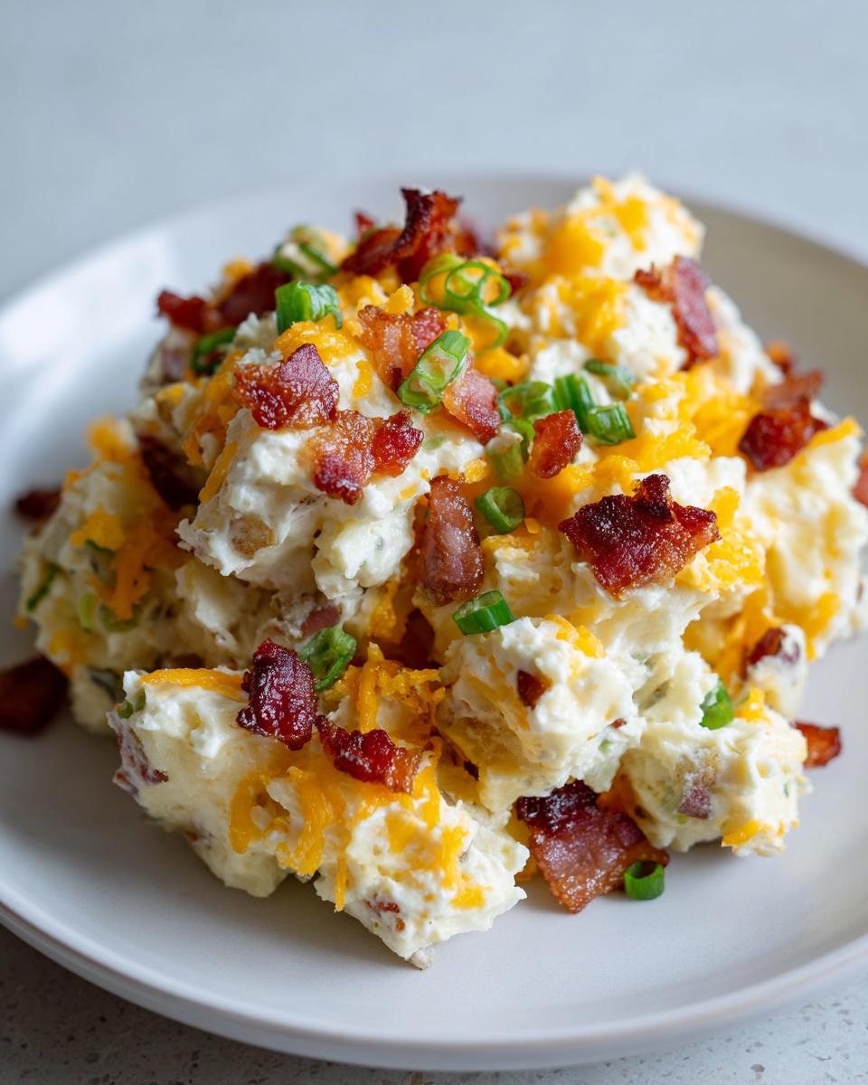 A close-up of a serving of amazing baked potato salad topped with shredded cheddar cheese, bacon bits, and green onions.