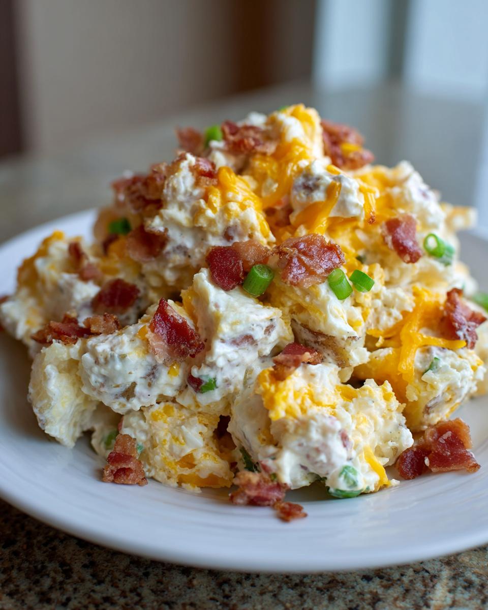 A close-up of a scoop of amazing baked potato salad mixed with creamy dressing, topped with shredded cheddar cheese, bacon bits, and green onions.