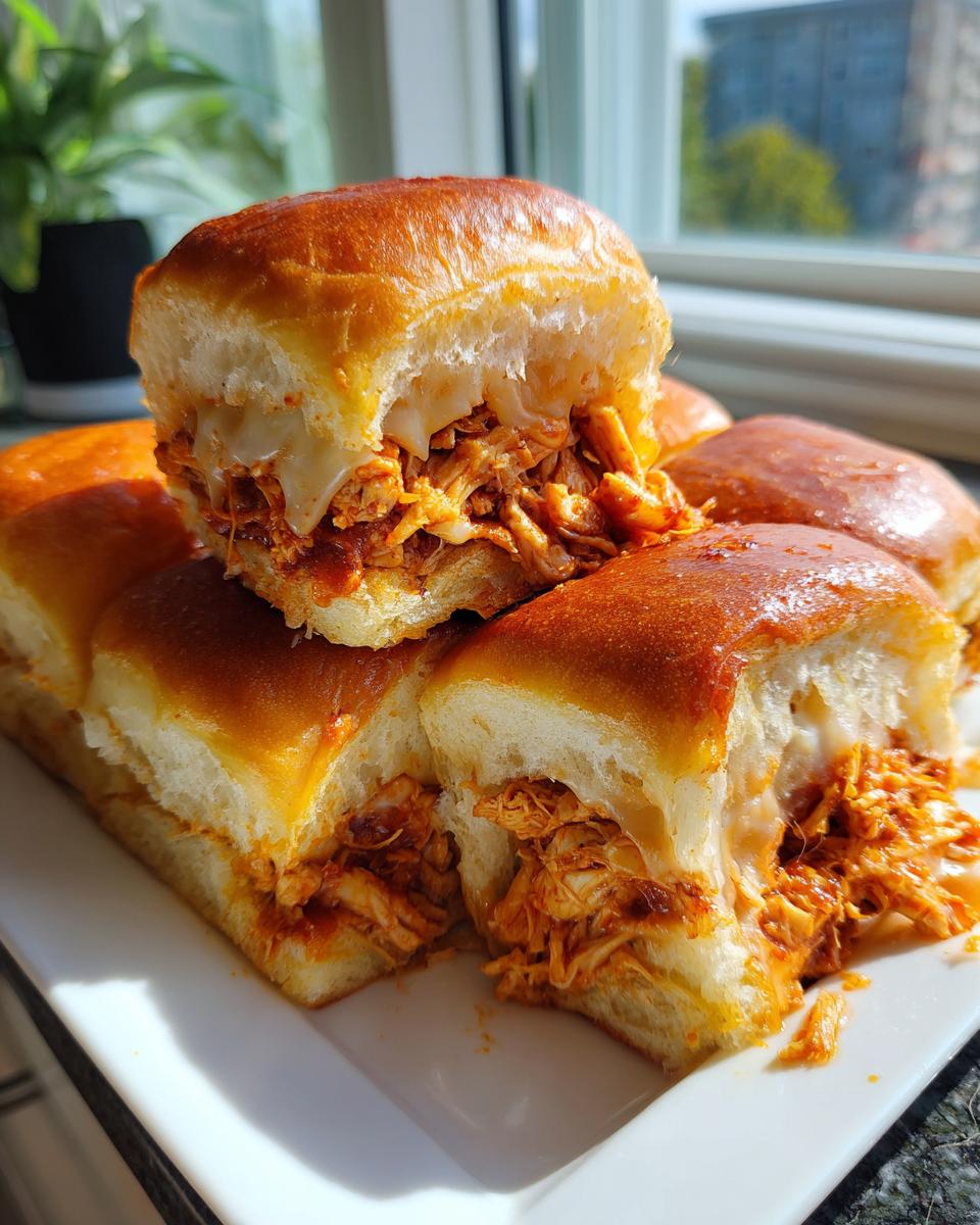 Close-up of cheesy, saucy bbq chicken sliders stacked on a white plate near a window.