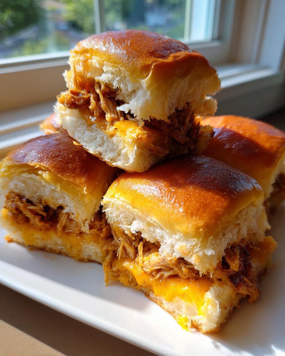 A stack of four delicious bbq chicken sliders with melted cheese on shiny, toasted slider buns.