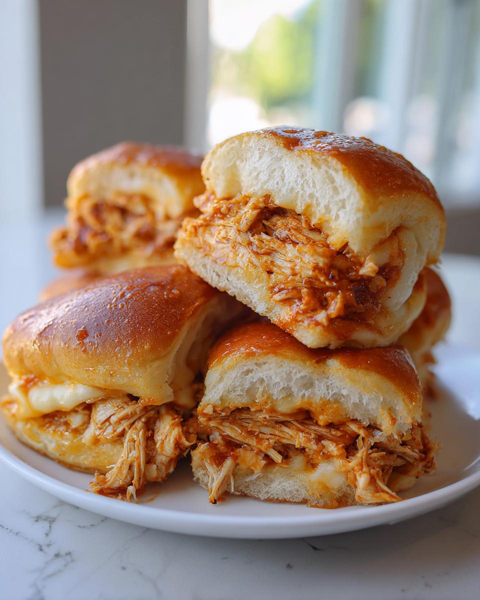 Close-up of several gooey bbq chicken sliders stacked on a white plate, showing shredded chicken and melted cheese.