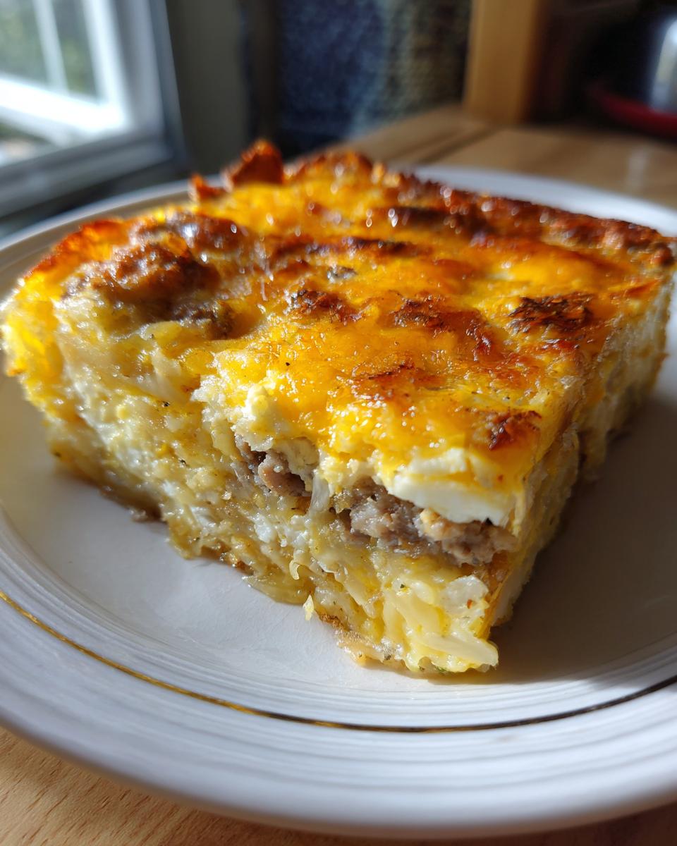 A close-up slice of amazing breakfast casserole featuring layers of potatoes, sausage, and a golden, melted cheese topping.