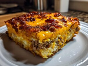 A hearty, square slice of amazing breakfast casserole featuring layers of sausage, eggs, and a thick, browned cheddar cheese topping.
