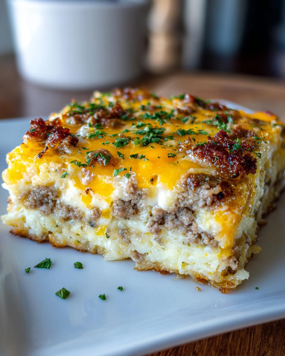 A close-up of a hearty slice of breakfast casserole featuring layers of egg, sausage, and melted cheddar cheese, garnished with parsley.
