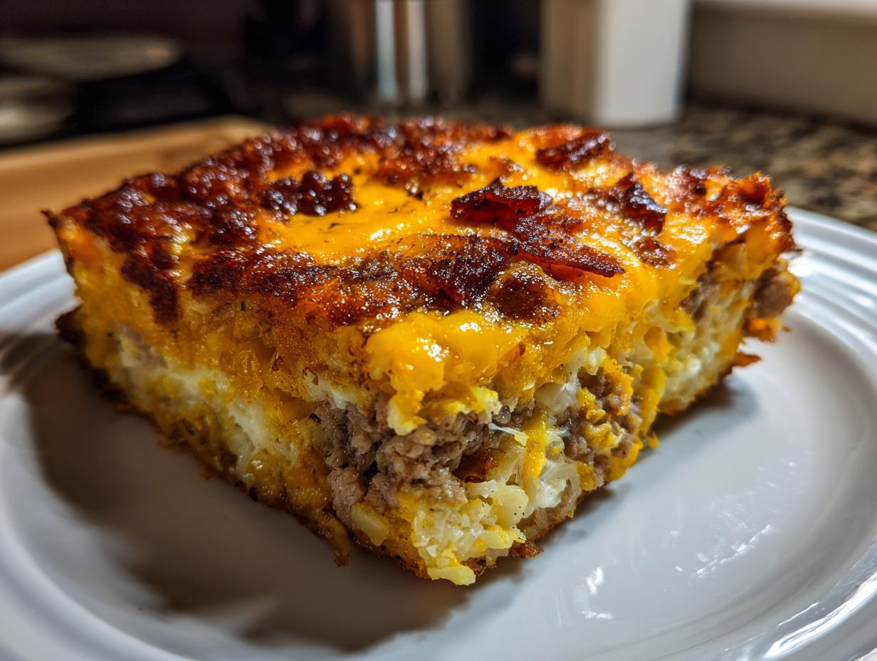 A hearty, square slice of amazing breakfast casserole featuring layers of sausage, eggs, and a thick, browned cheddar cheese topping.