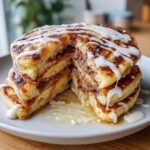 A tall stack of fluffy cinnamon roll pancakes cut open to show the layers, drizzled heavily with white icing.