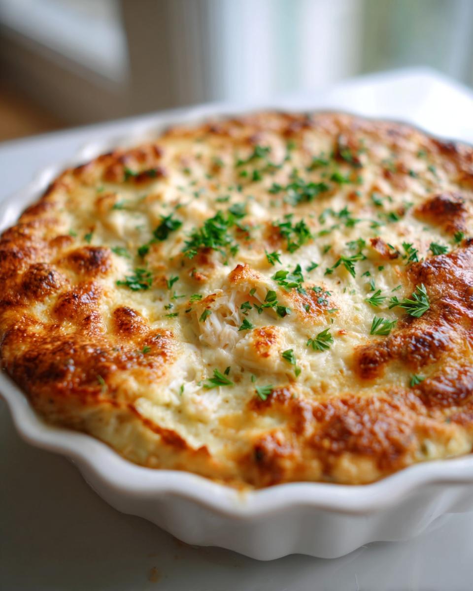 Close-up of a bubbly, golden-brown baked hot crab dip topped with fresh parsley in a white scalloped dish.