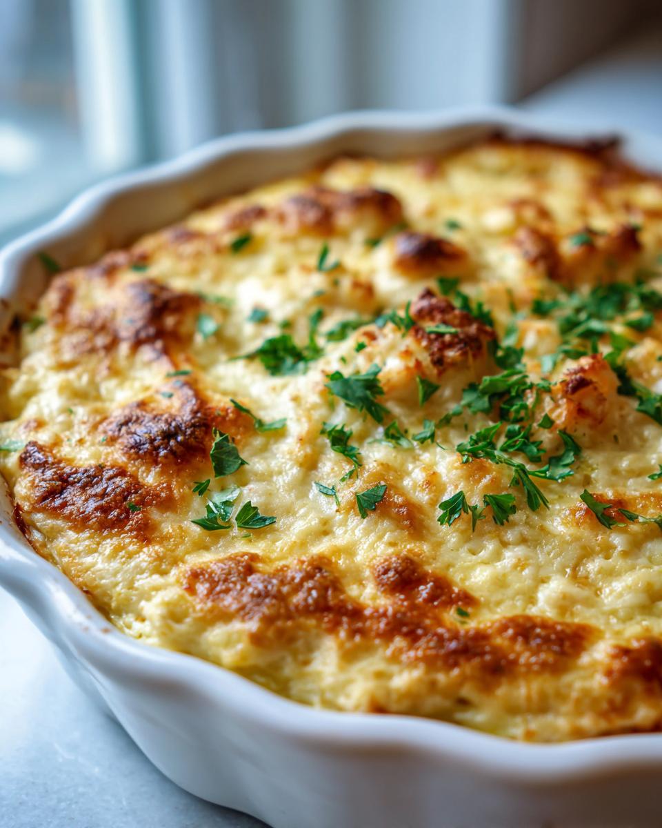Close-up of a bubbling, golden-brown baked hot crab dip topped with fresh parsley in a white serving dish.