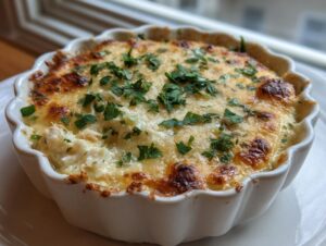 Close-up of a baked hot crab dip in a white scalloped ramekin, topped with melted golden cheese and fresh parsley.