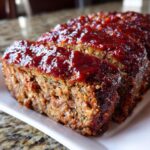 Close-up of sliced juicy meatloaf topped with a thick, glossy ketchup glaze, ready to serve.