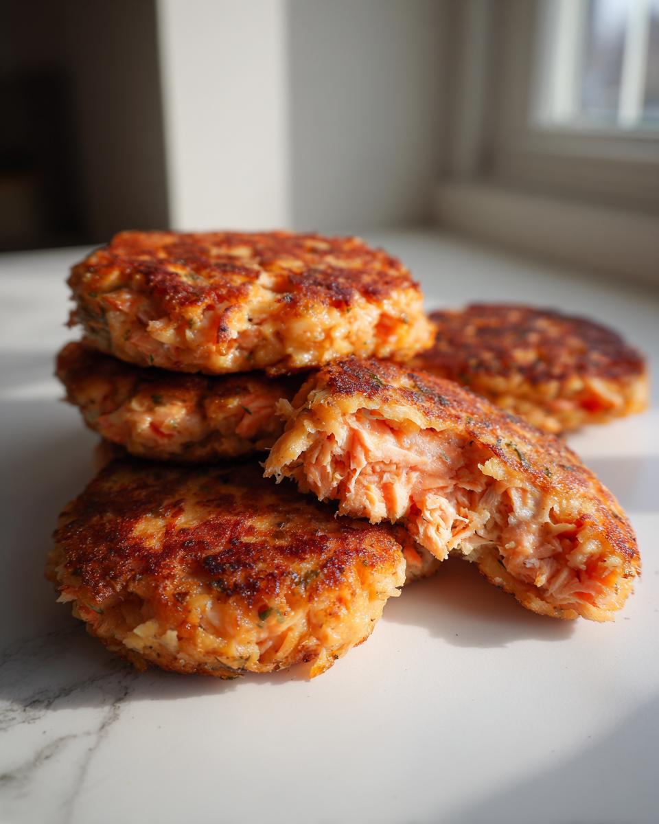 A stack of freshly cooked, golden brown salmon cakes, with one split open to show the flaky interior.