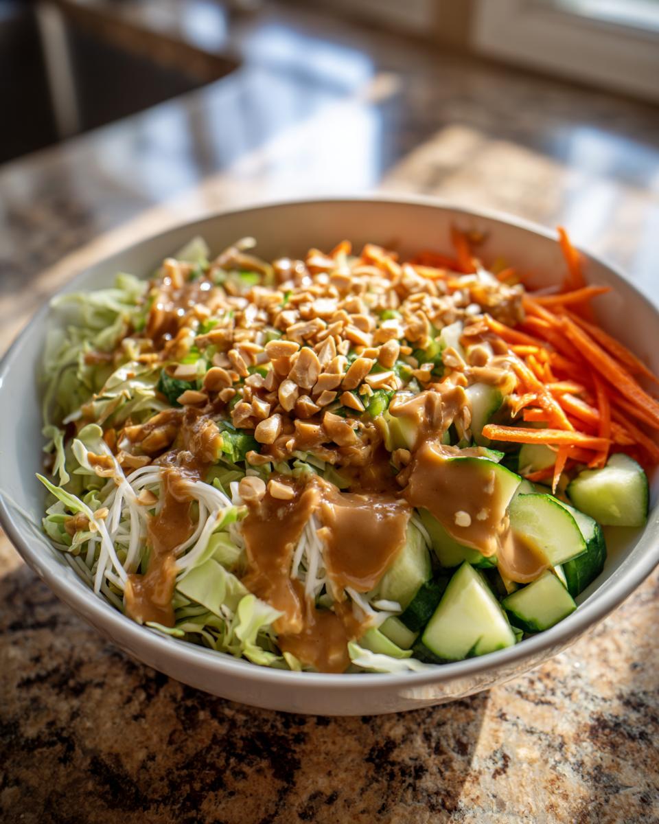 A close-up of a vibrant spring roll salad bowl topped with peanut sauce and crushed peanuts.
