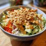 A vibrant bowl of spring roll salad topped with creamy peanut sauce and crushed peanuts.