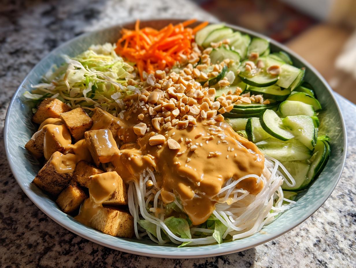 A vibrant bowl of spring roll salad featuring noodles, crispy tofu, shredded carrots, cucumbers, and rich peanut sauce.