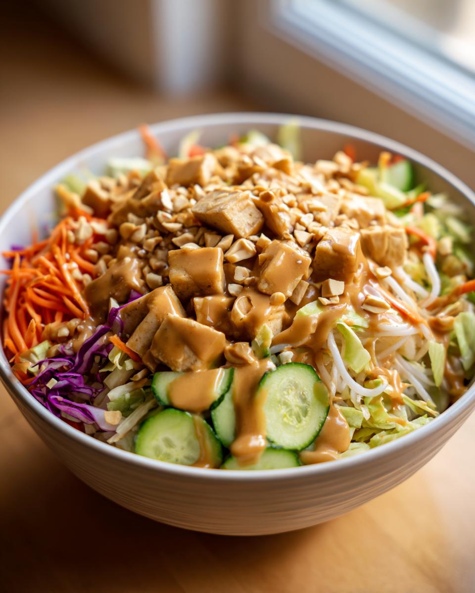 A vibrant bowl of spring roll salad topped with tofu, chopped peanuts, and rich peanut sauce.