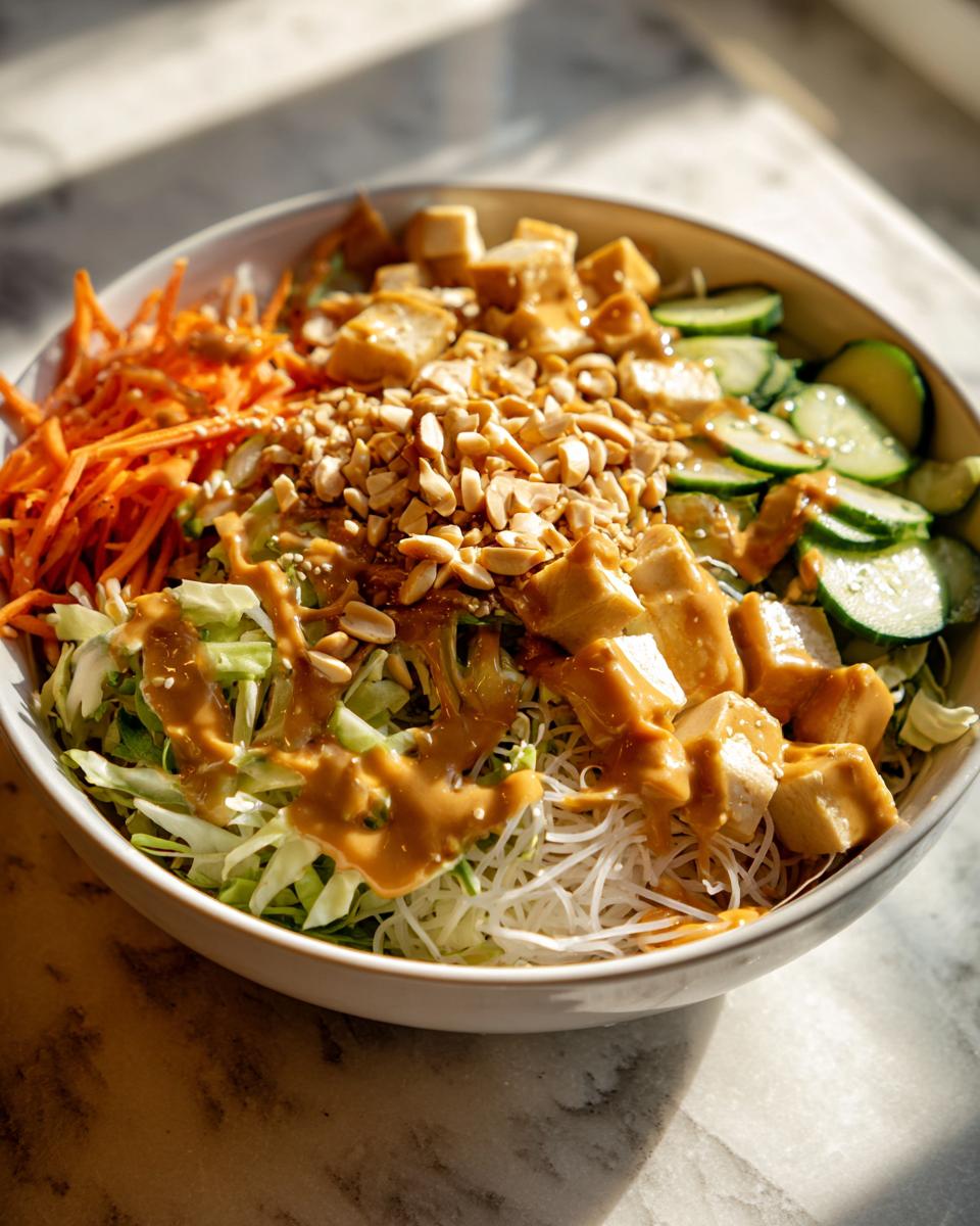 A vibrant bowl of spring roll salad featuring tofu, shredded carrots, cucumbers, rice noodles, and topped with peanut sauce and crushed peanuts.