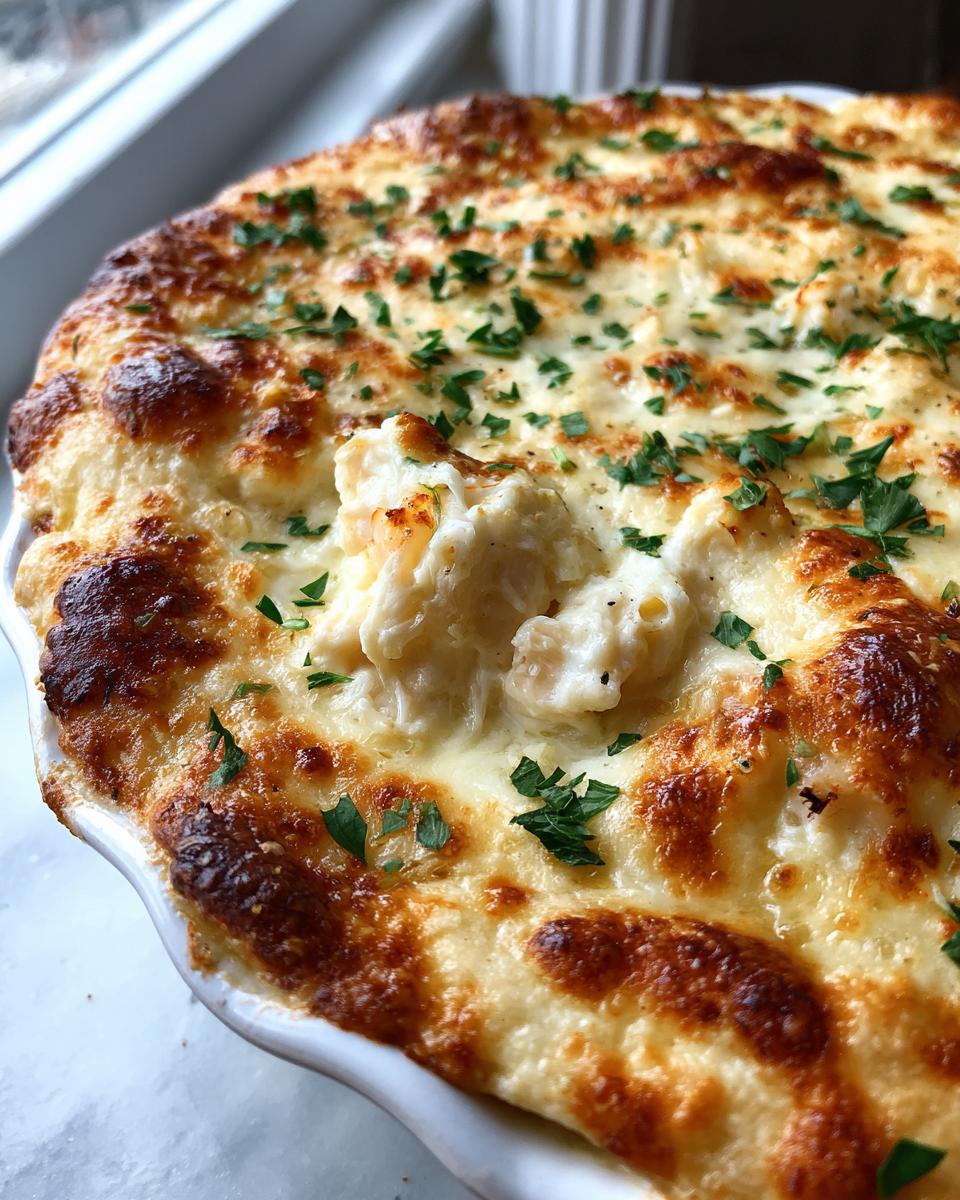 Close-up of baked hot crab dip with a bubbly, golden-brown cheese crust and fresh parsley garnish.