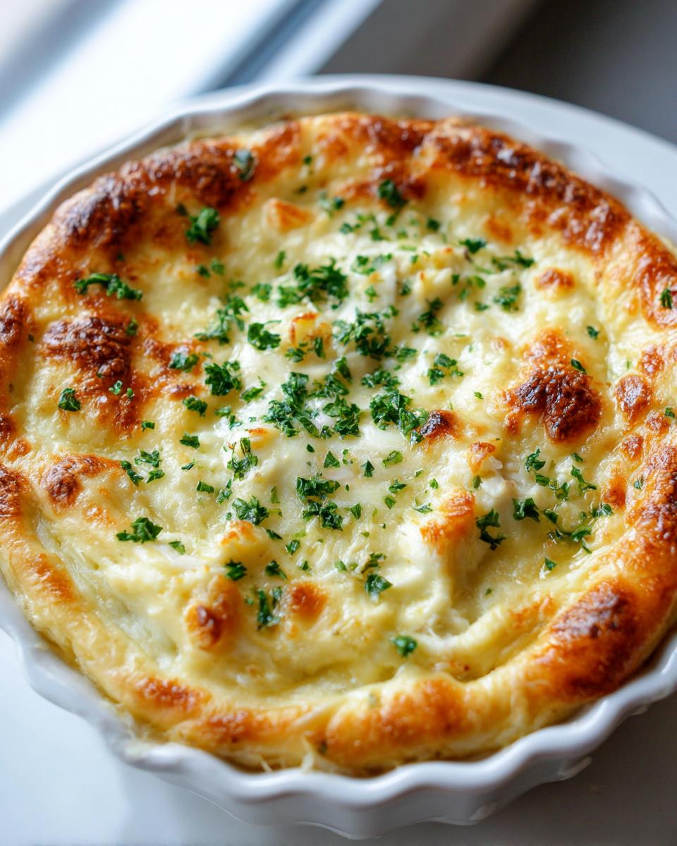 Close-up of a bubbly, golden-brown baked hot crab dip topped with fresh parsley.