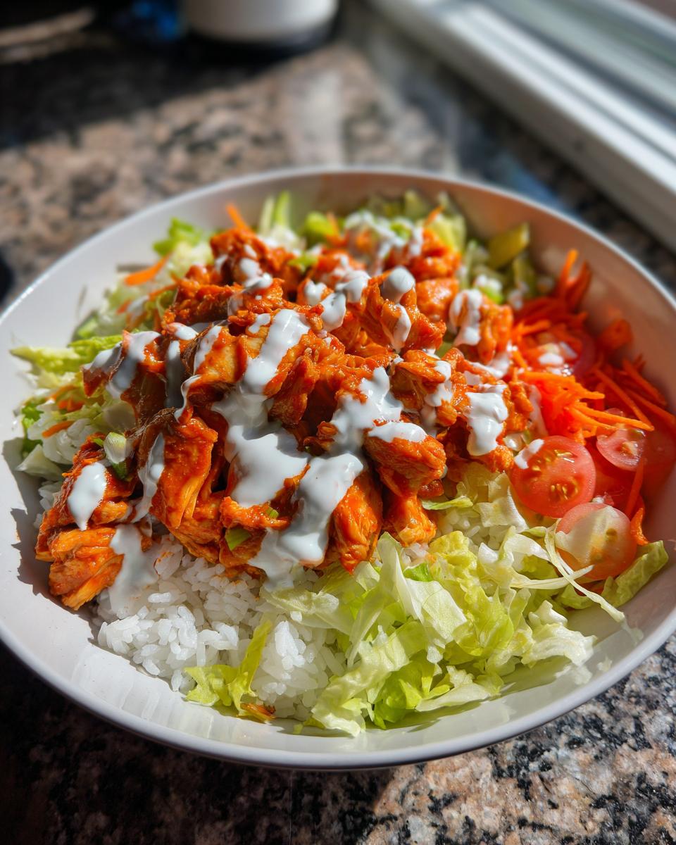 A vibrant buffalo chicken bowl featuring rice, shredded lettuce, carrots, tomatoes, and chunks of spicy buffalo chicken topped with ranch dressing.