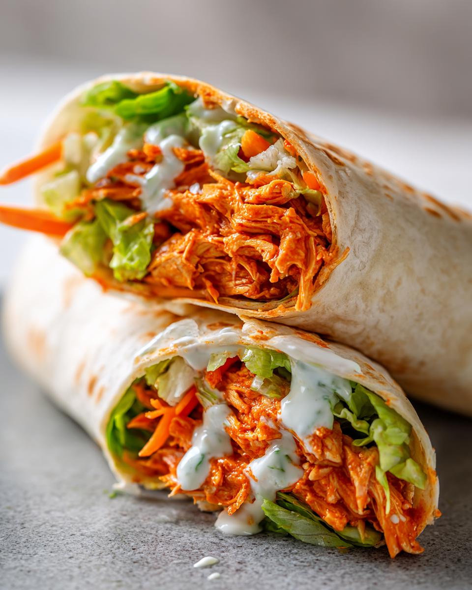 Two halves of a delicious buffalo chicken wrap stacked, showing shredded orange buffalo chicken, lettuce, carrots, and ranch dressing.
