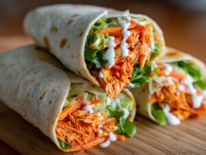 Three halves of a buffalo chicken wrap stacked on a wooden board, showing shredded orange buffalo chicken, lettuce, carrots, and ranch dressing.