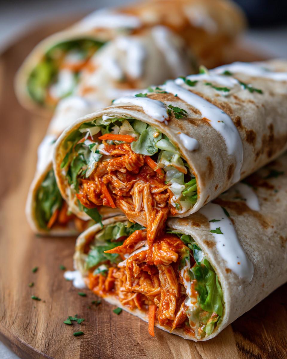 Close-up of a delicious buffalo chicken wrap cut in half, showing shredded spicy chicken, lettuce, carrots, and ranch drizzle.