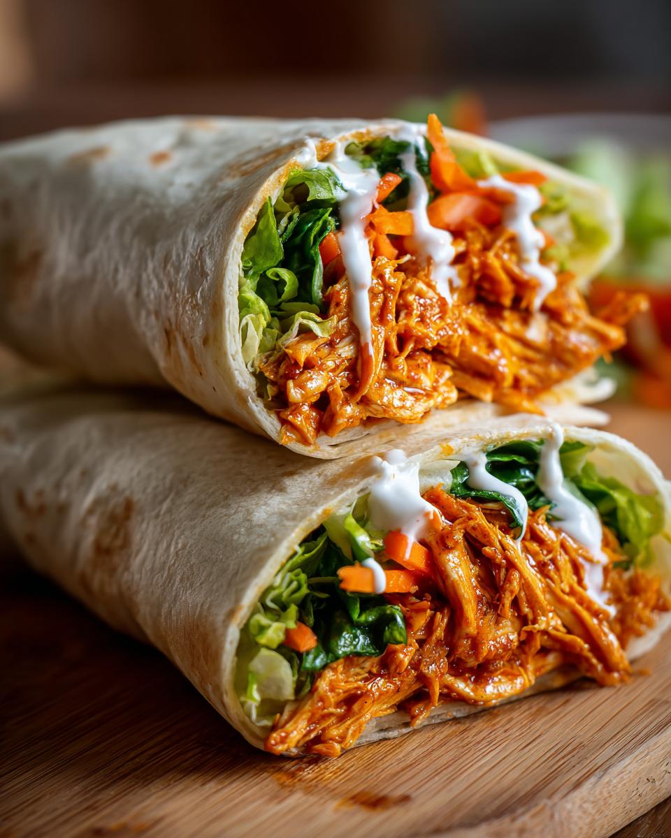 Two halves of a buffalo chicken wrap stacked, showing shredded spicy chicken, lettuce, carrots, and ranch dressing inside a tortilla.