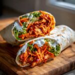 A delicious buffalo chicken wrap cut in half, showing shredded spicy chicken, lettuce, carrots, and ranch dressing.