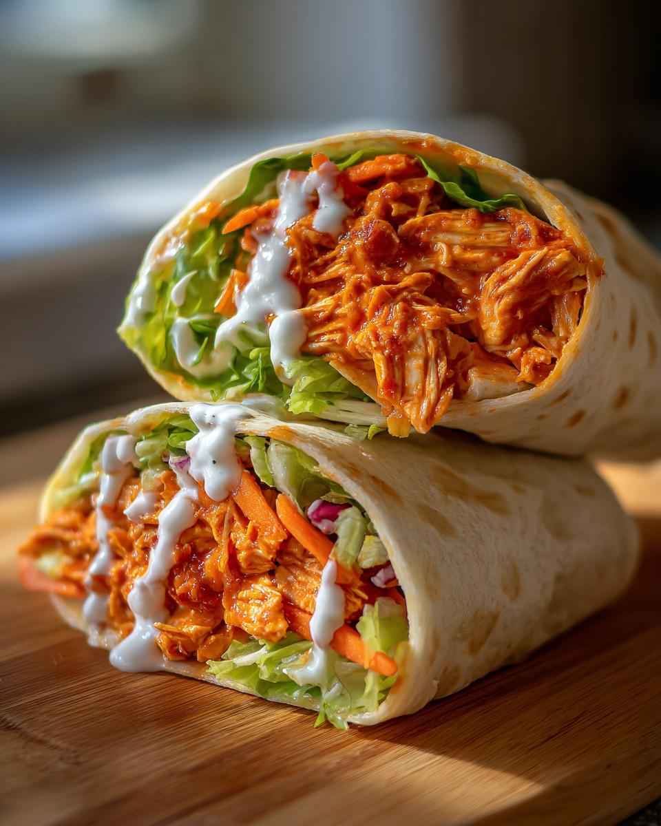 Two halves of a delicious buffalo chicken wrap, stacked, showing shredded chicken, lettuce, carrots, and ranch dressing drizzle.
