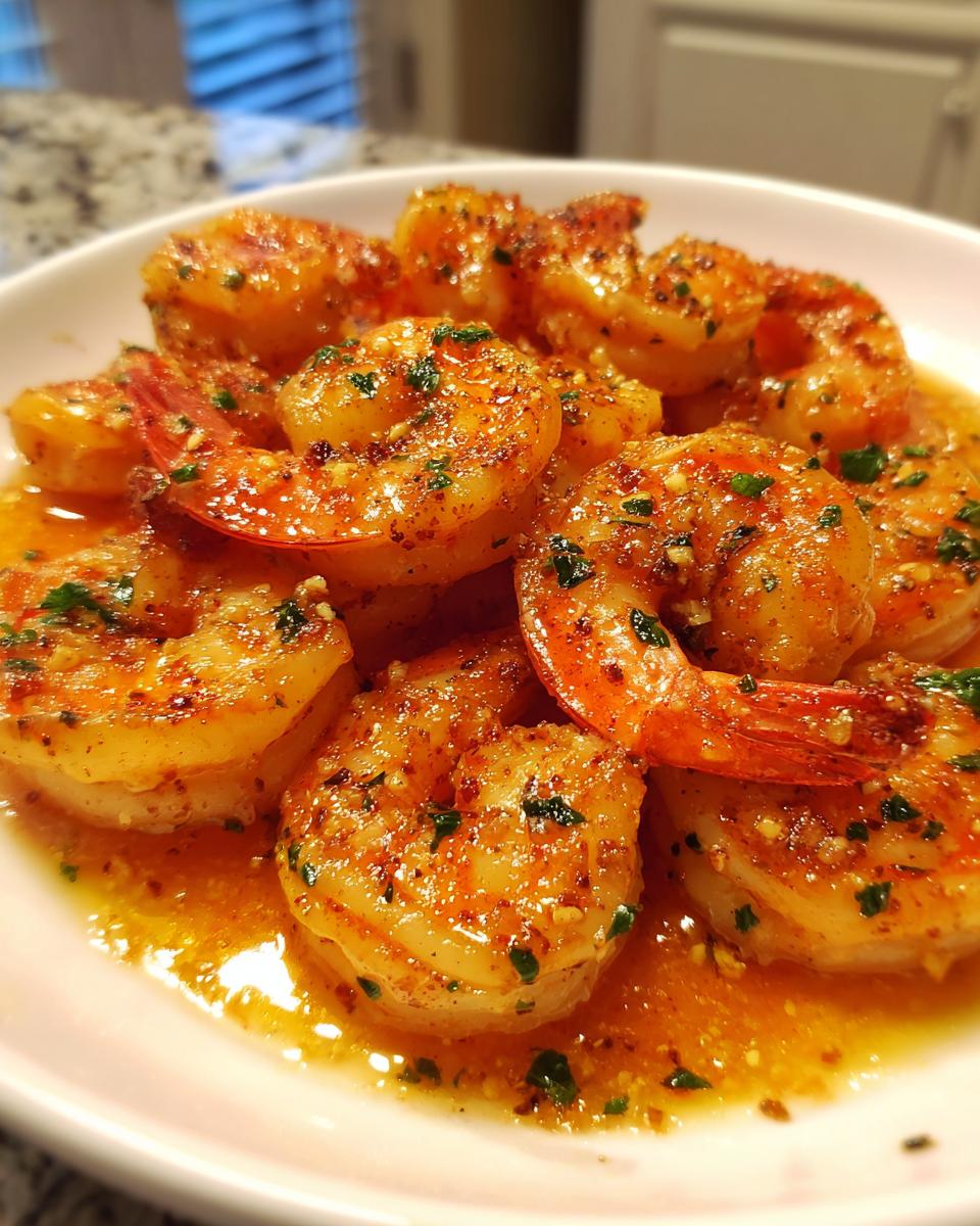 A close-up of succulent, cooked cajun shrimp coated in a rich, buttery sauce and sprinkled with green herbs.
