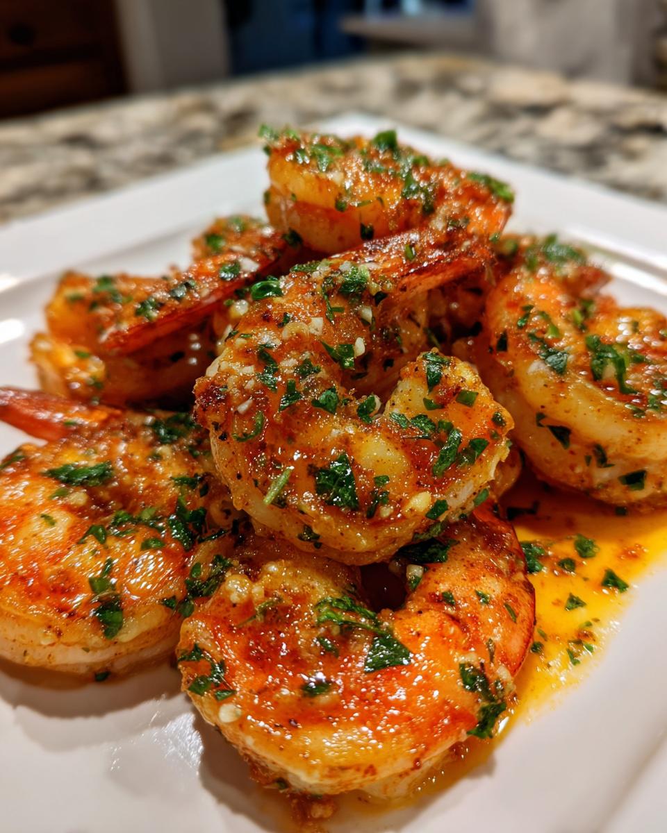 A close-up of perfectly cooked, bright orange Cajun shrimp coated in butter sauce and fresh green parsley.