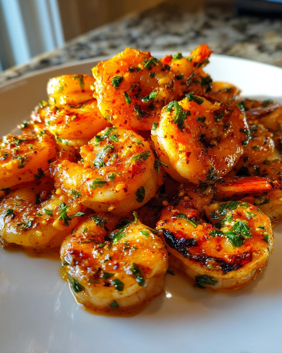 A close-up shot of plump, perfectly cooked cajun shrimp piled on a white plate, glistening with sauce and sprinkled with fresh parsley.