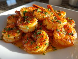 Close-up of perfectly cooked Cajun shrimp coated in a rich, buttery sauce and garnished with fresh chopped parsley.