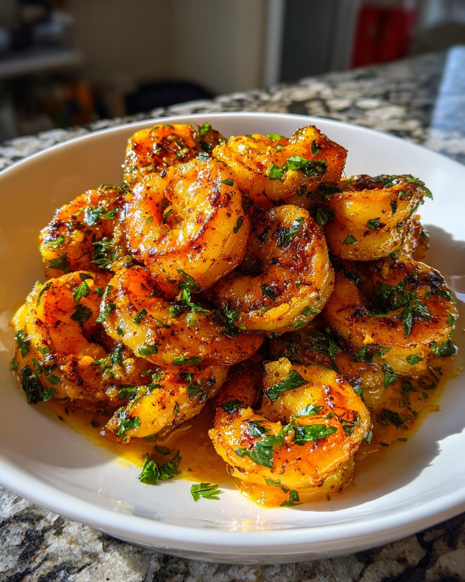 Close-up of perfectly cooked, seasoned Cajun shrimp piled high in a white bowl, glistening with butter sauce and fresh parsley.