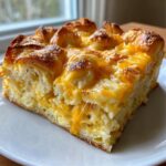 A square slice of baked Croissant Breakfast Casserole topped with melted cheddar cheese.
