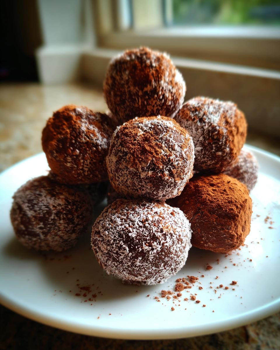 A stack of homemade chocolate cool whip candy truffles dusted with cocoa powder and powdered sugar on a white plate.