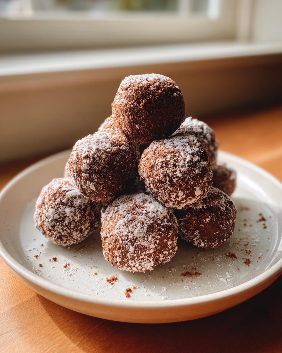 A stack of homemade chocolate cool whip candy truffles dusted heavily with powdered sugar on a light plate.