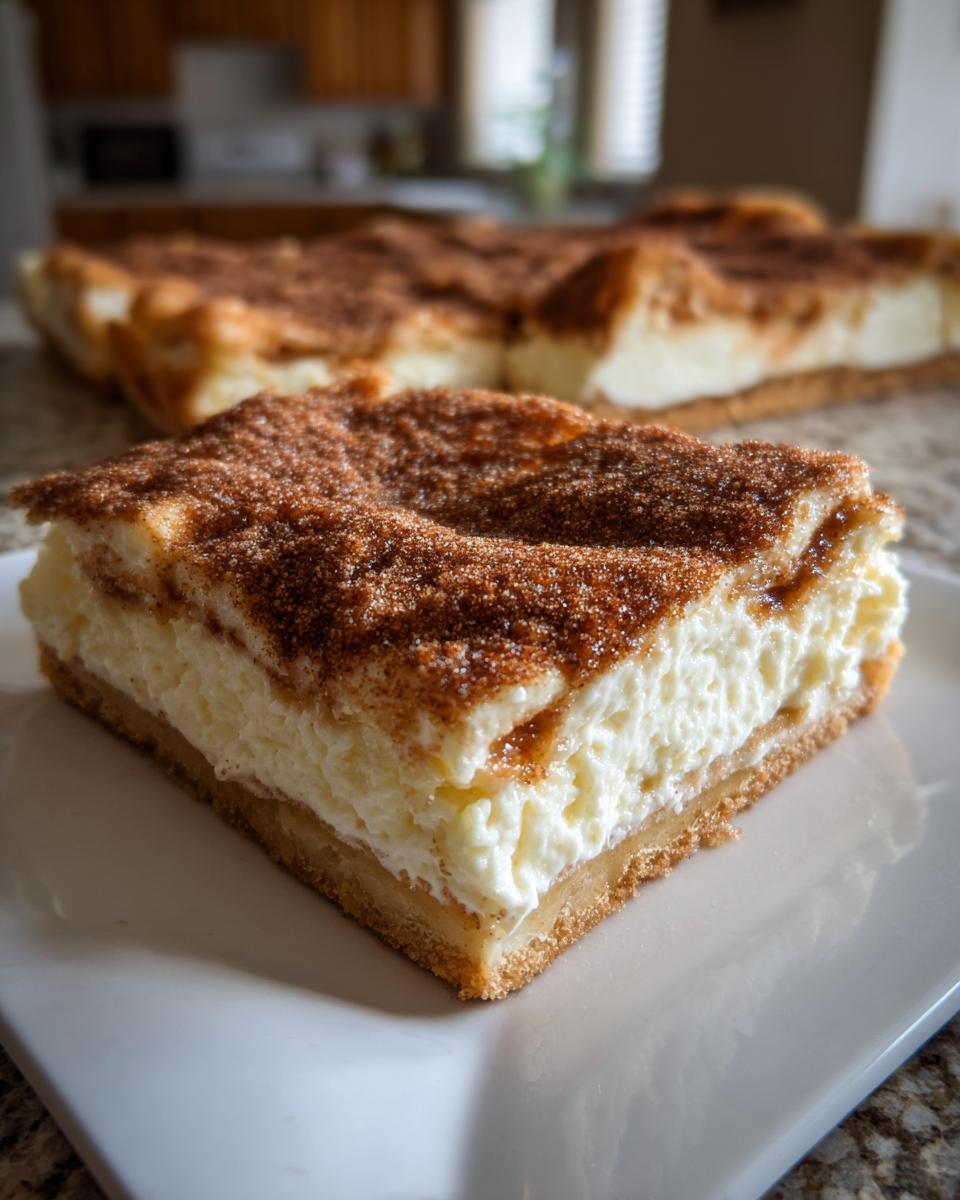 A close-up of a thick slice of churro cheesecake bars with a creamy filling and cinnamon sugar topping.