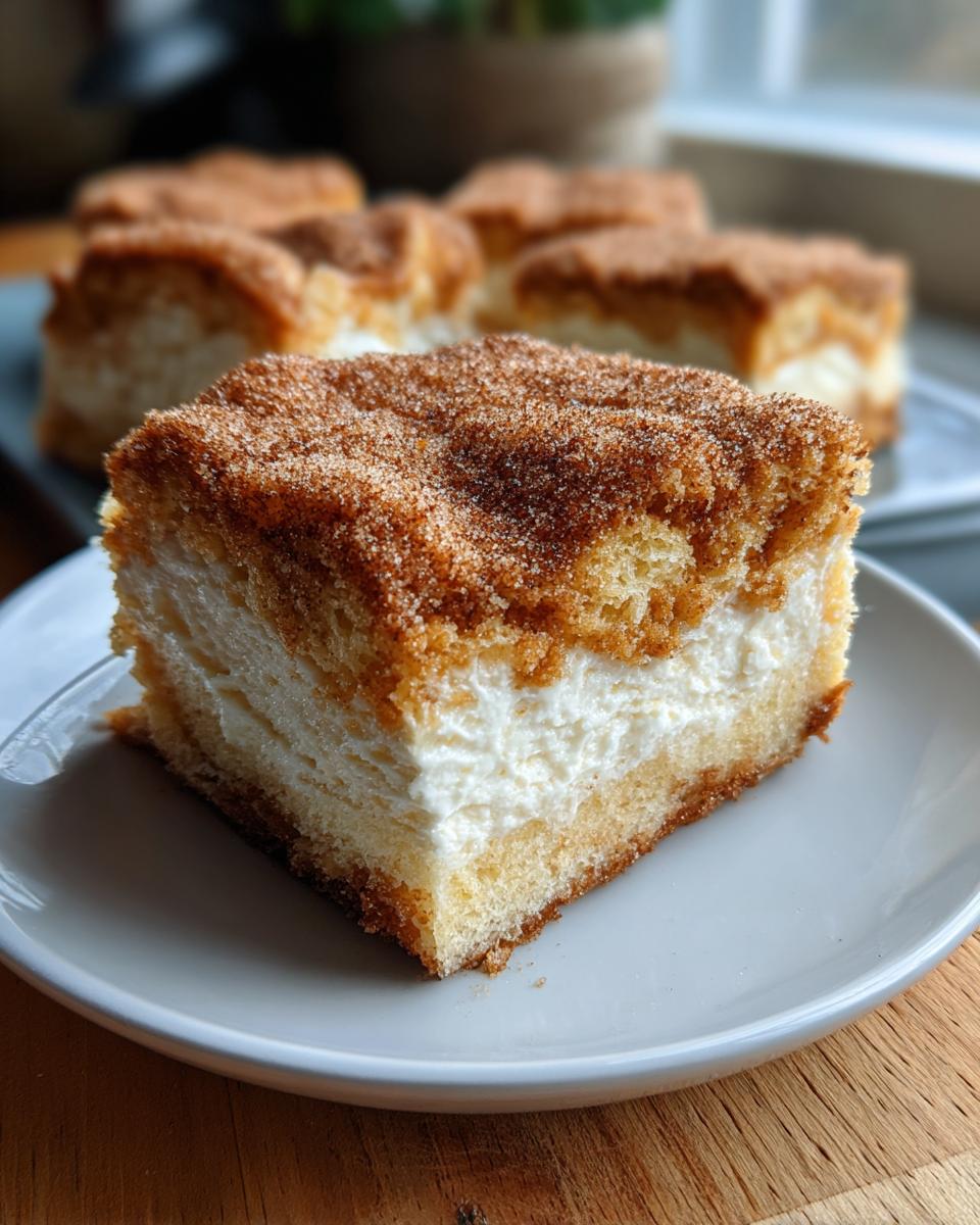 A single serving of churro cheesecake bars showing a thick cream cheese layer topped with cinnamon sugar.