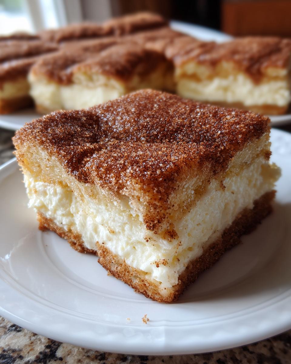 A thick square slice of churro cheesecake bars featuring a creamy white filling and a heavily sprinkled cinnamon sugar topping.
