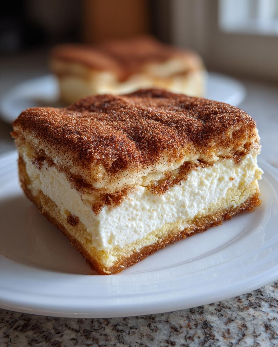 A thick slice of creamy churro cheesecake bars topped generously with cinnamon sugar.