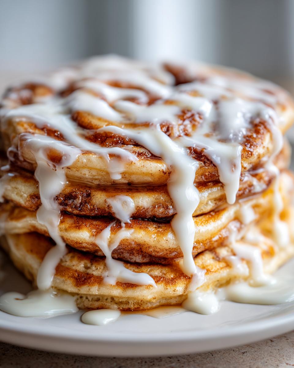 A tall stack of fluffy cinnamon roll pancakes generously drizzled with white icing glaze.
