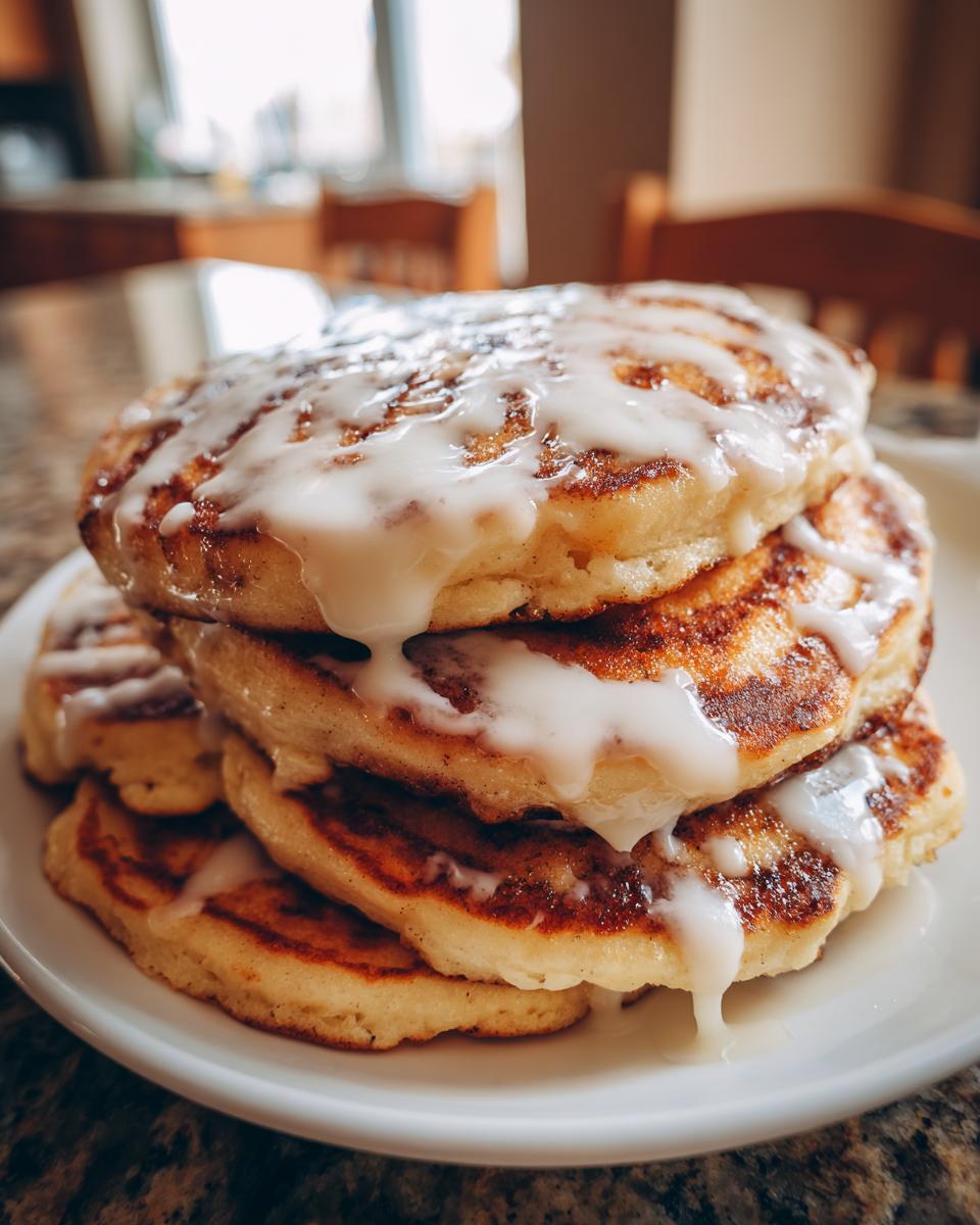 Close-up of a tall stack of golden brown cinnamon roll pancakes drizzled generously with white cream cheese icing.