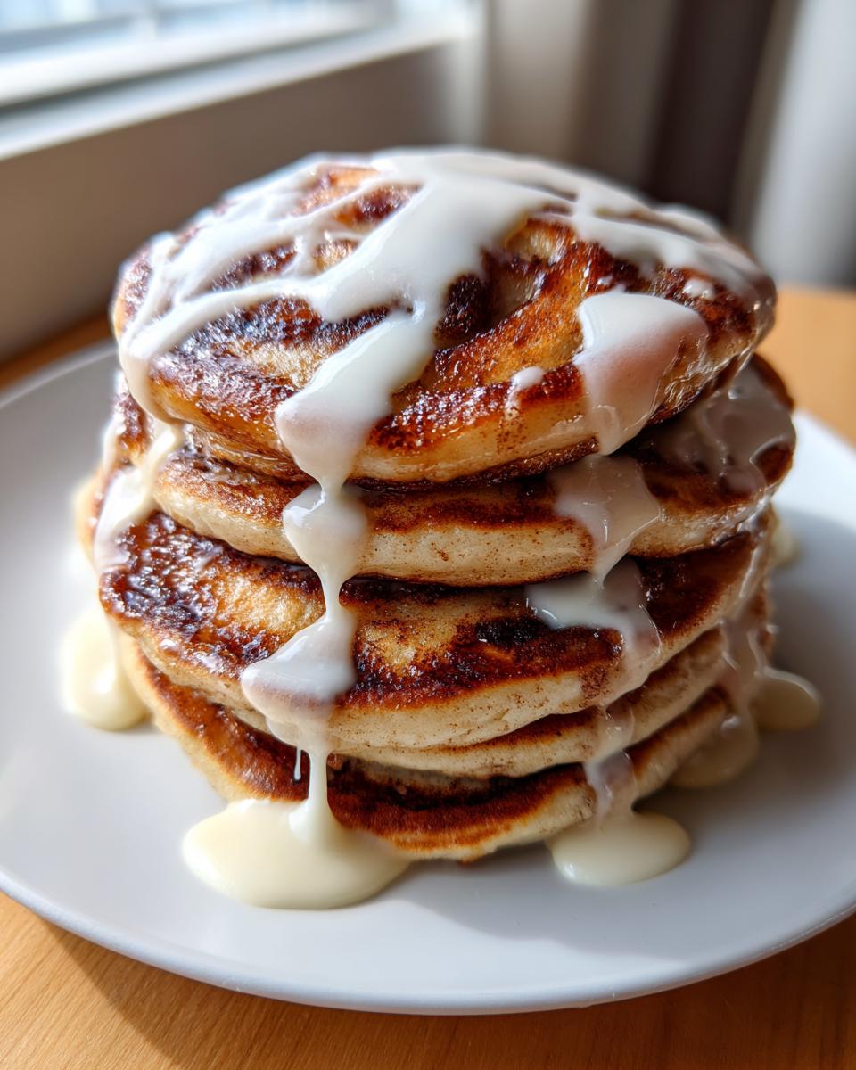 A tall stack of golden brown cinnamon roll pancakes drizzled generously with white cream cheese icing.