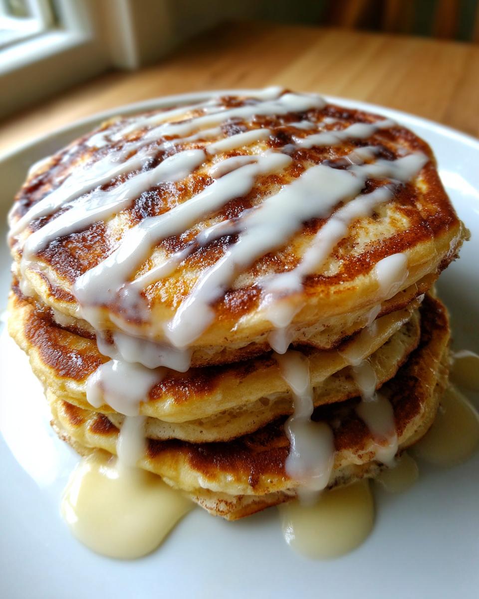 A tall stack of golden brown cinnamon roll pancakes generously drizzled with white cream cheese icing.